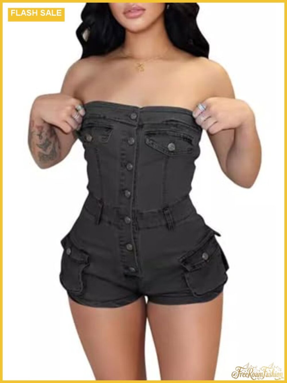 Strapless Denim Romper Cargo Pocket Jean Jumpsuit